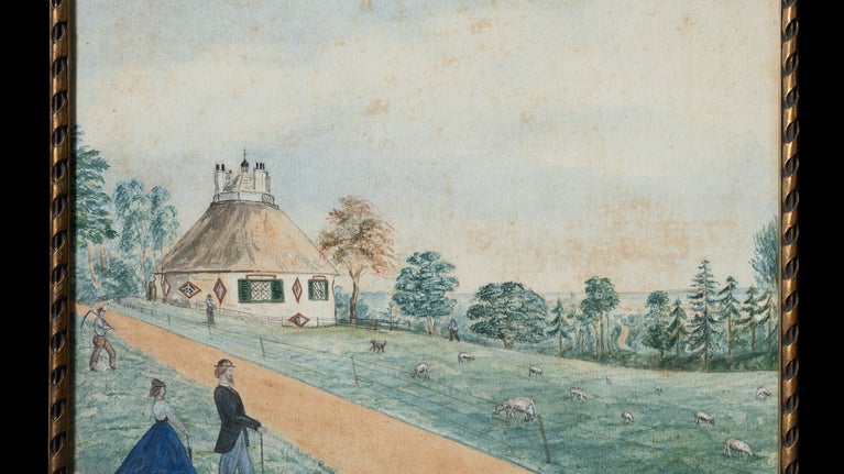 Watercolour view of the exterior of A la Ronde with two figures in the immediate foreground.